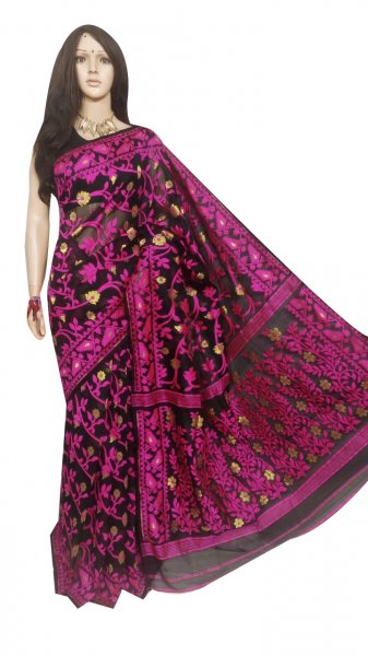 Black and pink full body weaving work jamdani silk saree